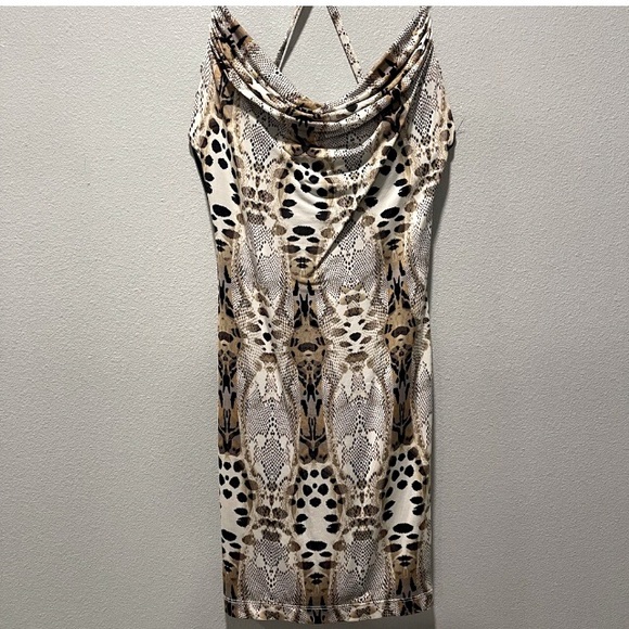 Bebe Snake Skin Print Mini Dress with Gold Chain Criss Cross Straps Cowl Neck - Picture 4 of 11